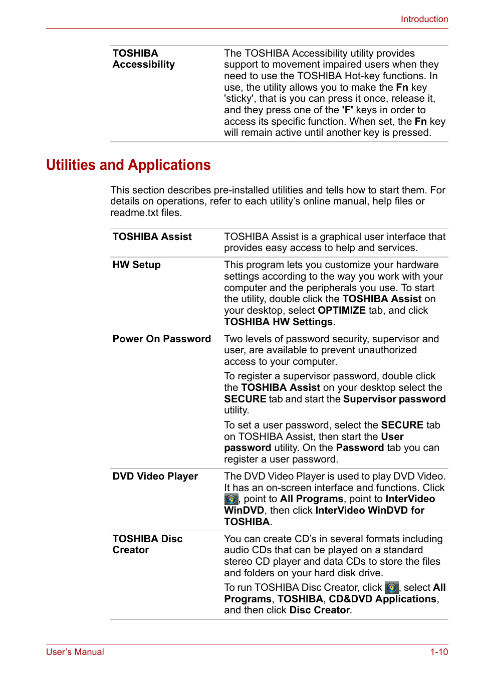 Utilities and applications, Utilities and applications -10 | Toshiba Satellite L30 (PSL33) User Manual | Page 34 / 162