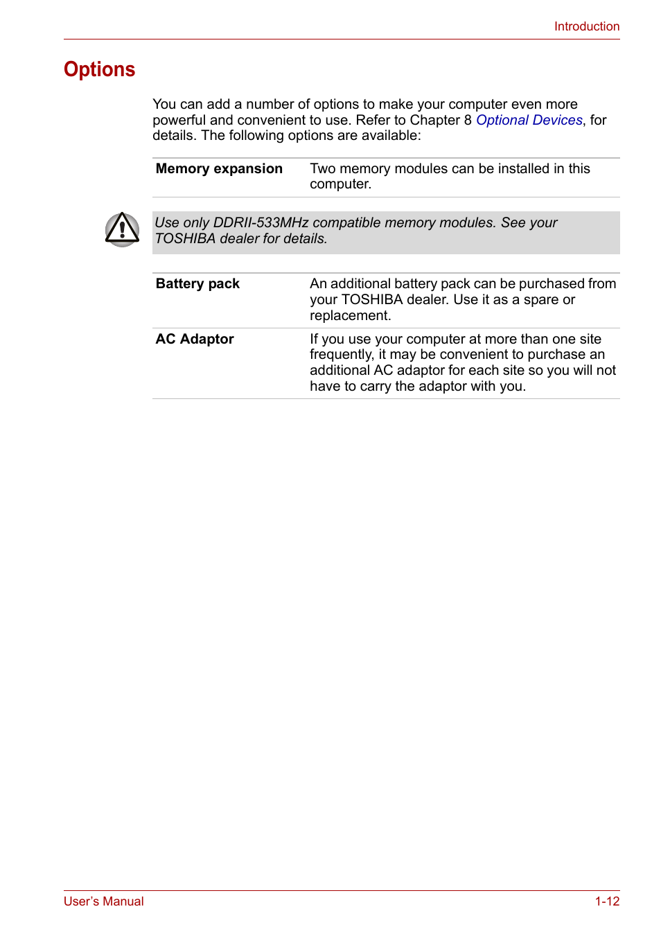 Options, Options -12 | Toshiba Satellite L30 (PSL33) User Manual | Page 36 / 162