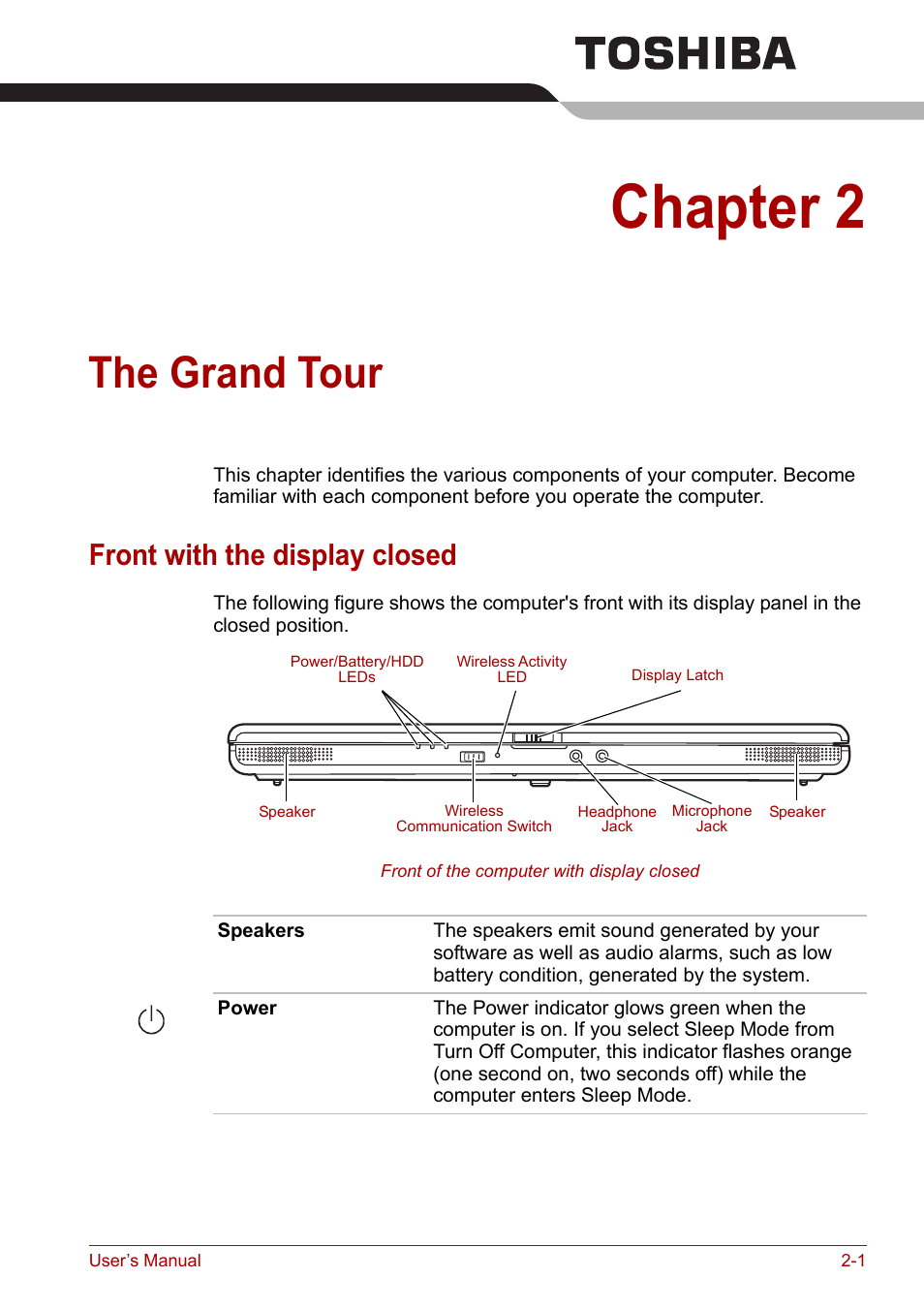 Chapter 2: the grand tour, Front with the display closed, Chapter 2 | The grand tour, Front with the display closed -1 | Toshiba Satellite L30 (PSL33) User Manual | Page 37 / 162