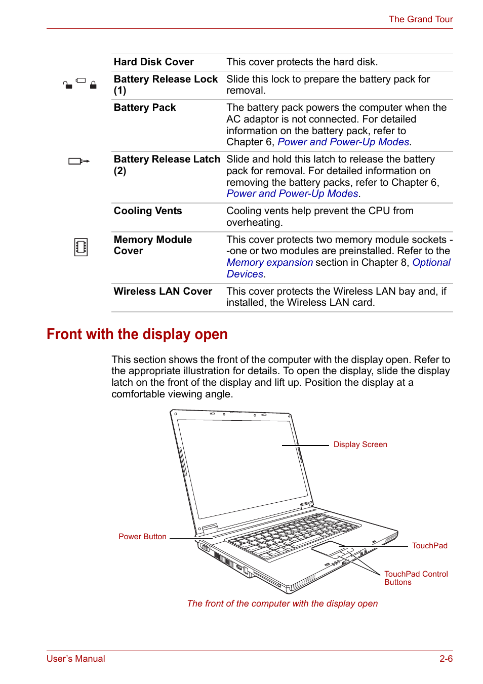 Front with the display open, Front with the display open -6 | Toshiba Satellite L30 (PSL33) User Manual | Page 42 / 162