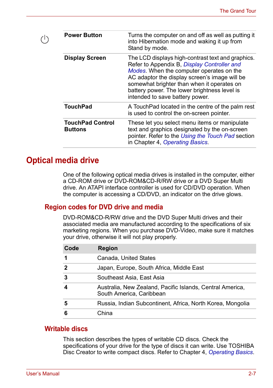 Optical media drive, Optical media drive -7, Region codes for dvd drive and media | Writable discs | Toshiba Satellite L30 (PSL33) User Manual | Page 43 / 162