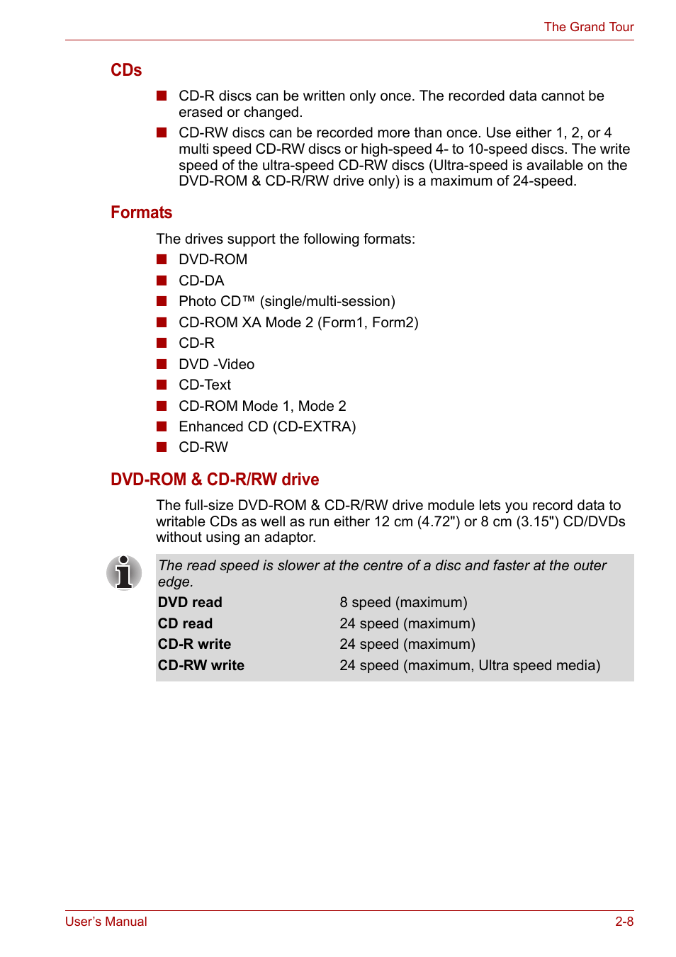 Formats, Dvd-rom & cd-r/rw drive | Toshiba Satellite L30 (PSL33) User Manual | Page 44 / 162