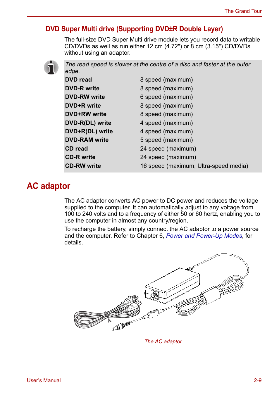 Ac adaptor, Ac adaptor -9, Section in | Toshiba Satellite L30 (PSL33) User Manual | Page 45 / 162