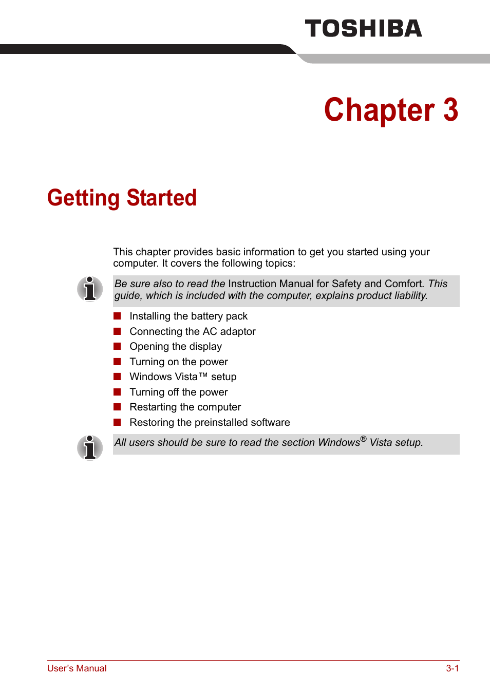 Chapter 3: getting started, Chapter 3, Getting started | Toshiba Satellite L30 (PSL33) User Manual | Page 47 / 162