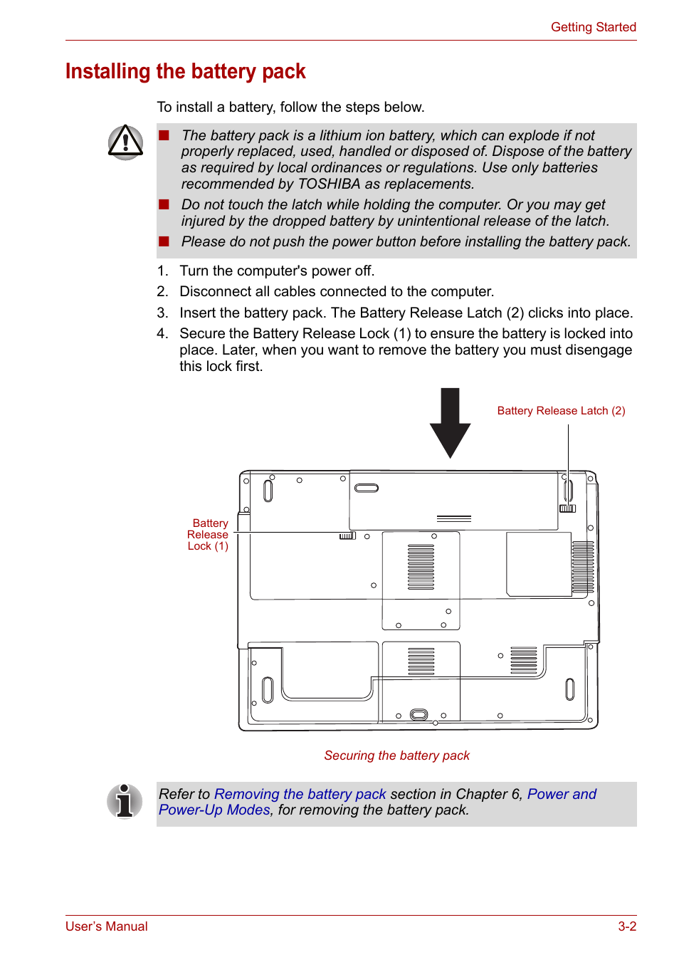 Installing the battery pack, Installing the battery pack -2 | Toshiba Satellite L30 (PSL33) User Manual | Page 48 / 162