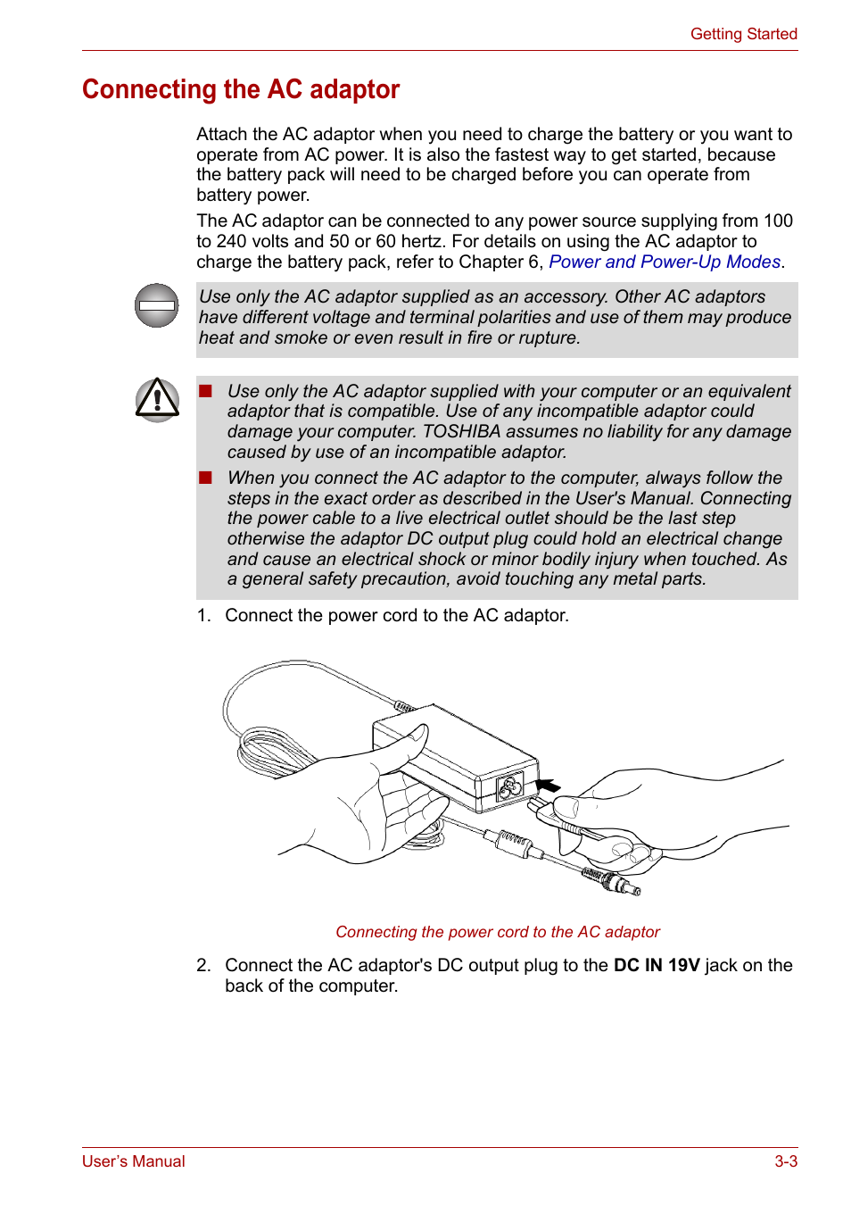 Connecting the ac adaptor, Connecting the ac adaptor -3 | Toshiba Satellite L30 (PSL33) User Manual | Page 49 / 162