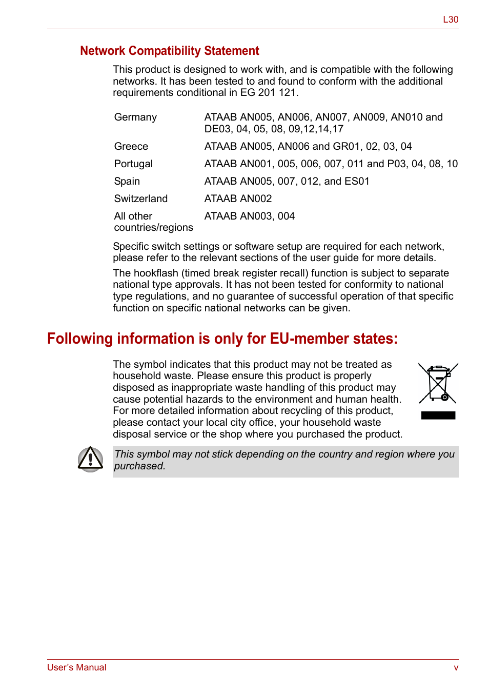 Following information is only for eu-member states, Network compatibility statement | Toshiba Satellite L30 (PSL33) User Manual | Page 5 / 162