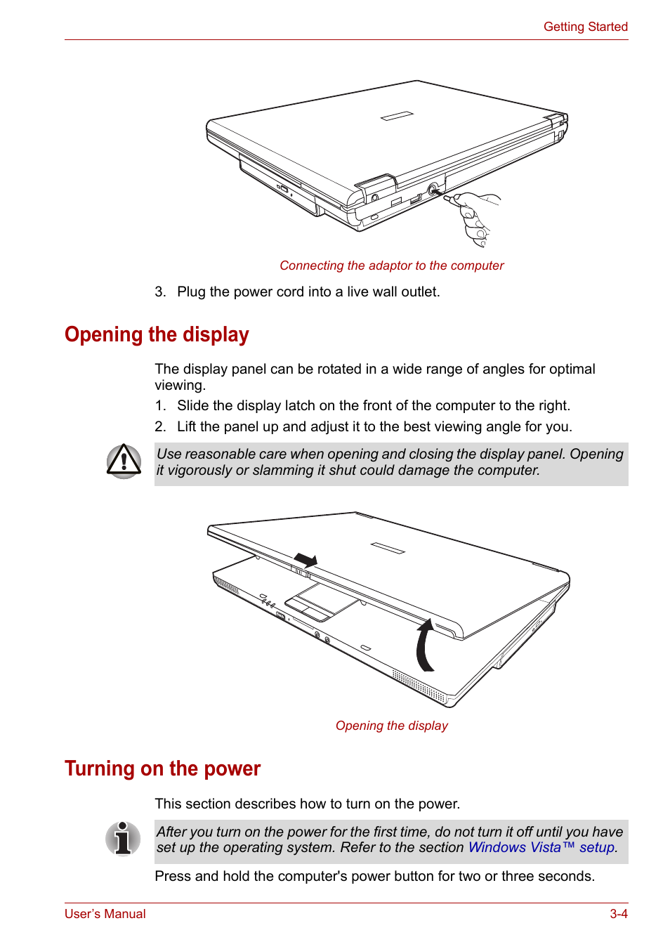 Opening the display, Turning on the power, Opening the display -4 turning on the power -4 | Toshiba Satellite L30 (PSL33) User Manual | Page 50 / 162