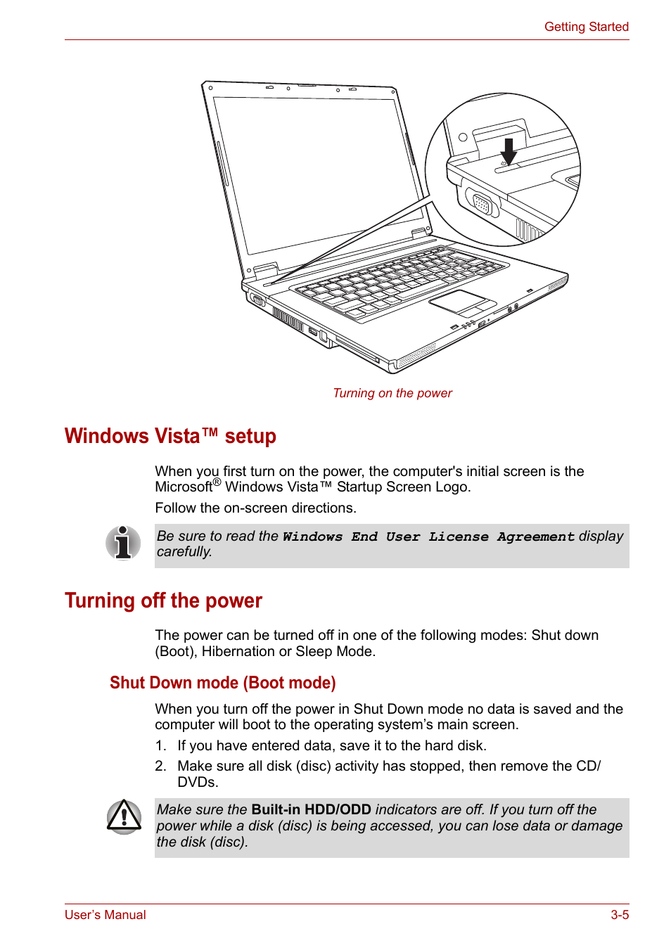 Windows vista™ setup, Turning off the power, Windows vista™ setup -5 turning off the power -5 | Shut down mode (boot mode) | Toshiba Satellite L30 (PSL33) User Manual | Page 51 / 162