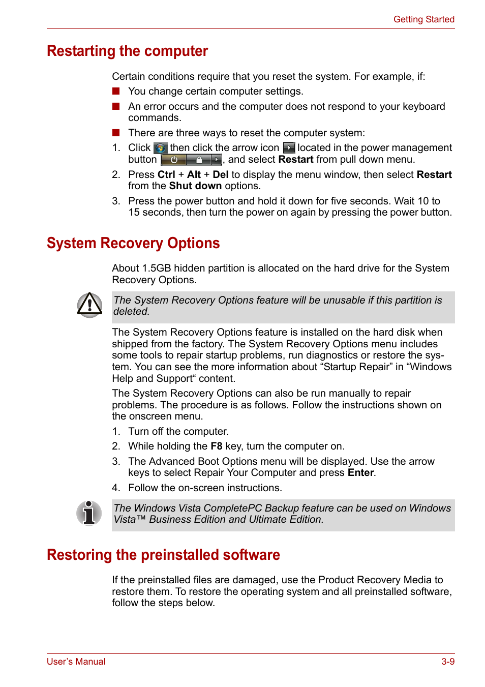 Restarting the computer, System recovery options, Restoring the preinstalled software | Toshiba Satellite L30 (PSL33) User Manual | Page 55 / 162