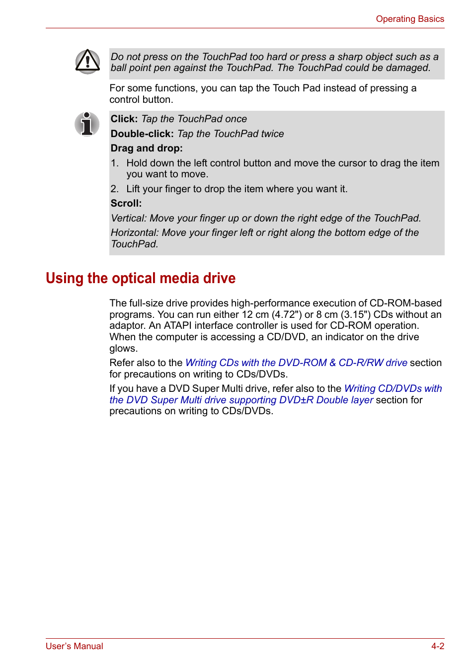 Using the optical media drive, Using the optical media drive -2 | Toshiba Satellite L30 (PSL33) User Manual | Page 58 / 162