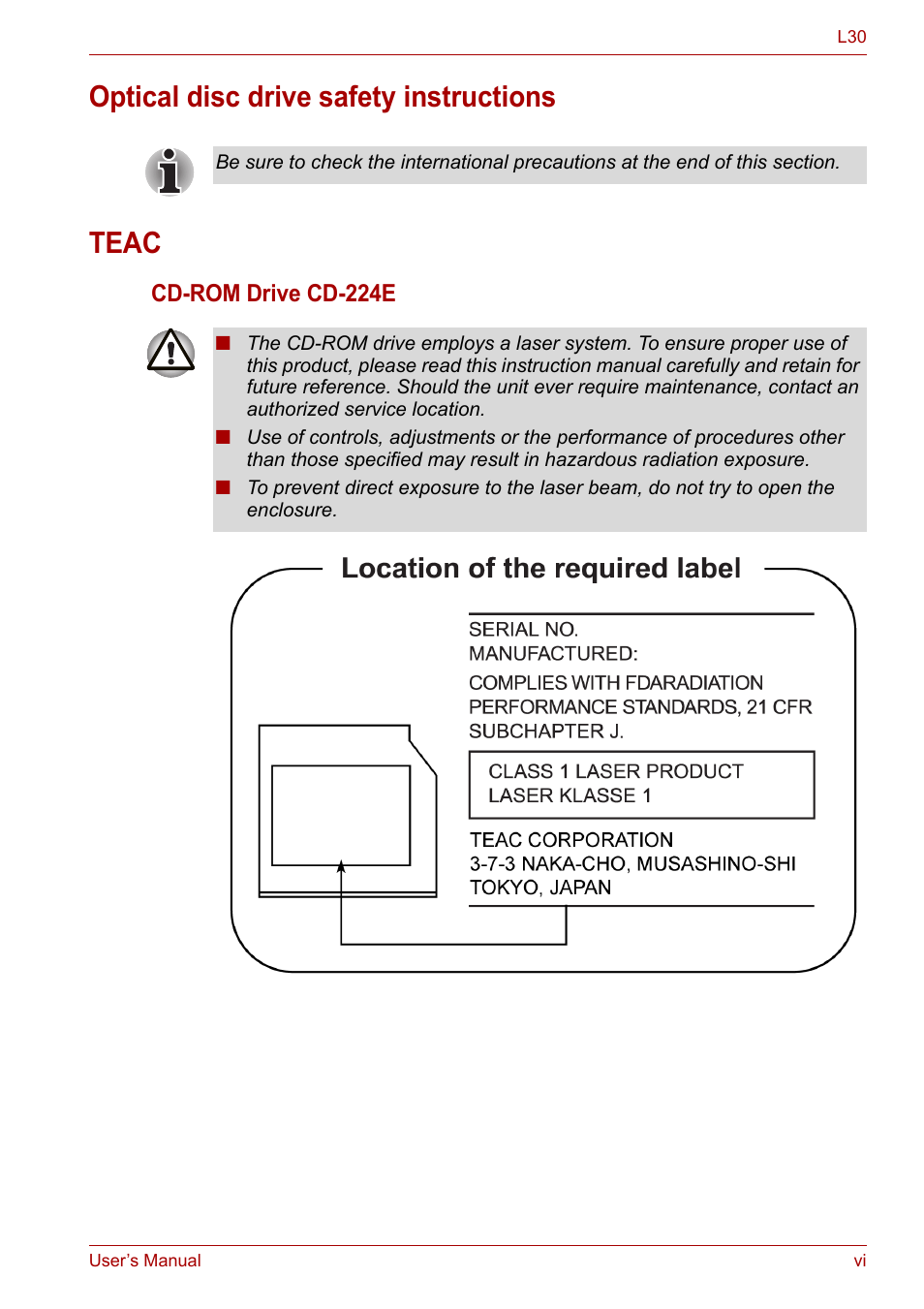 Optical disc drive safety instructions teac | Toshiba Satellite L30 (PSL33) User Manual | Page 6 / 162