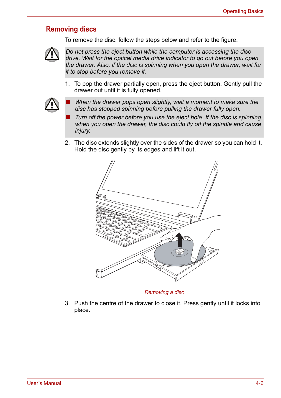 Removing discs | Toshiba Satellite L30 (PSL33) User Manual | Page 62 / 162