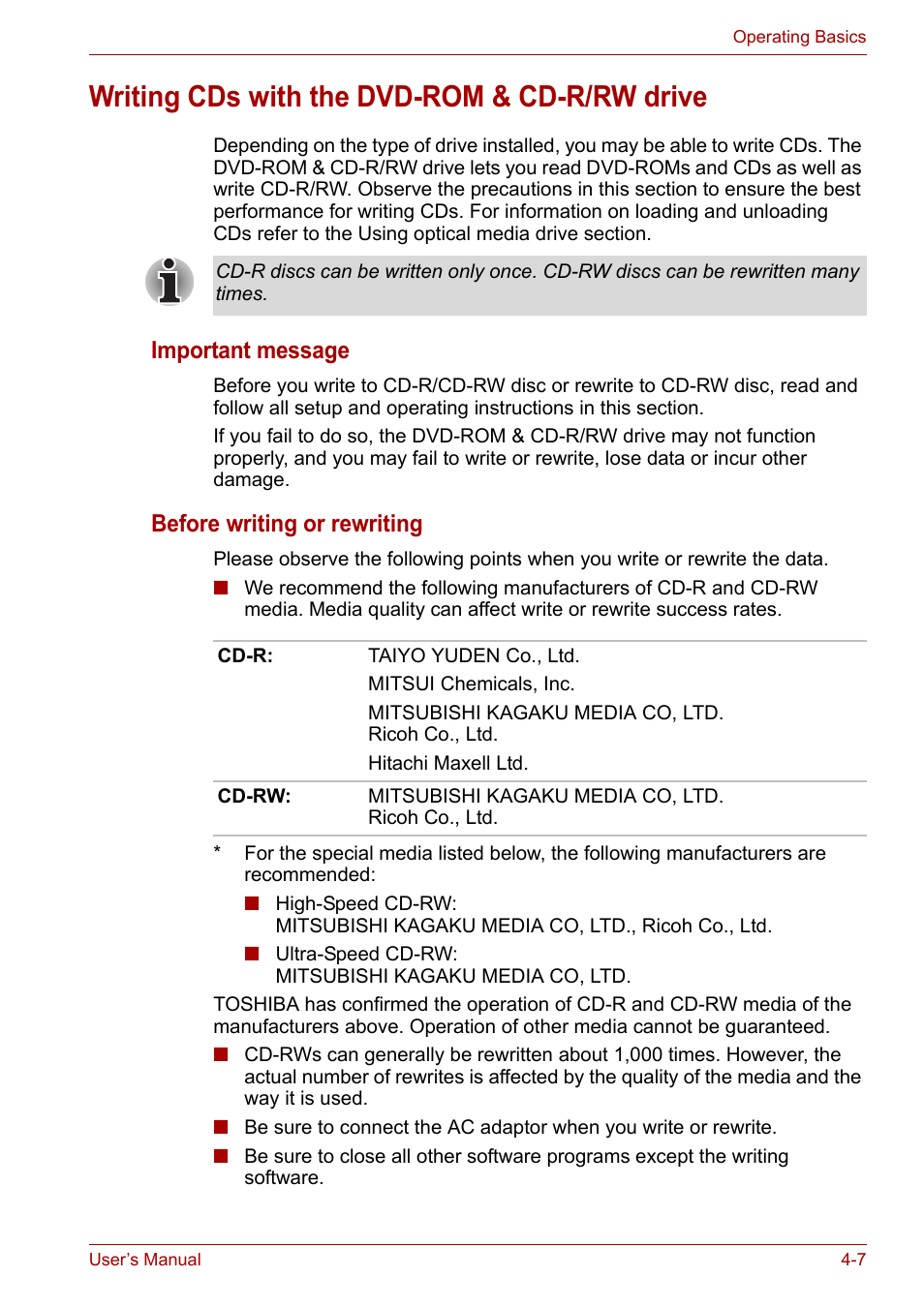 Writing cds with the dvd-rom & cd-r/rw drive, Writing cds with the dvd-rom & cd-r/rw drive -7, Important message | Before writing or rewriting | Toshiba Satellite L30 (PSL33) User Manual | Page 63 / 162