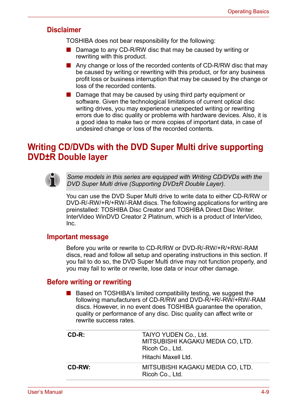 Writing cd/dvds with, Section for, Disclaimer | Important message, Before writing or rewriting | Toshiba Satellite L30 (PSL33) User Manual | Page 65 / 162