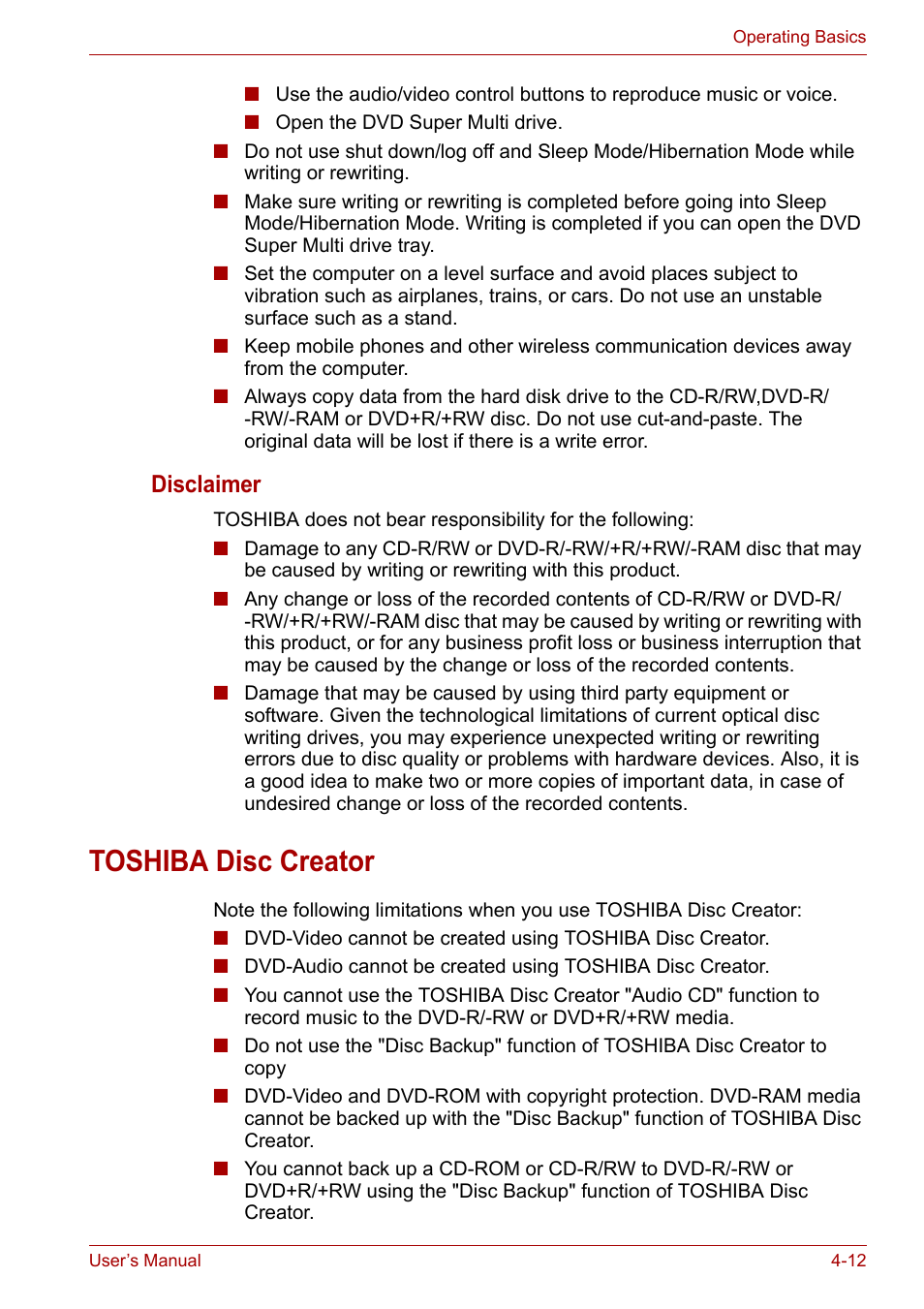 Toshiba disc creator, Toshiba disc creator -12, Disclaimer | Toshiba Satellite L30 (PSL33) User Manual | Page 68 / 162