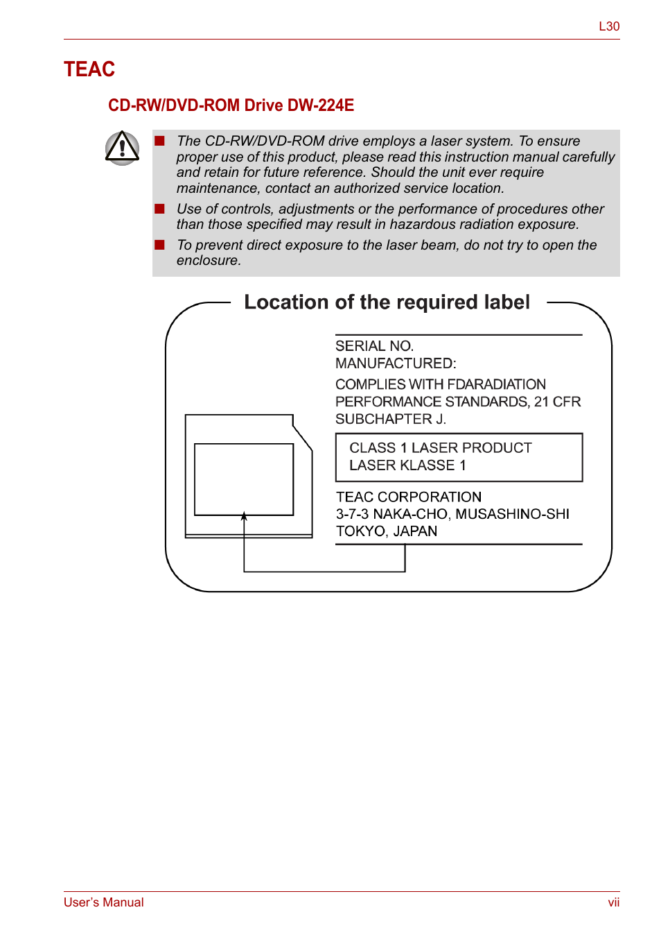 Teac, Cd-rw/dvd-rom drive dw-224e | Toshiba Satellite L30 (PSL33) User Manual | Page 7 / 162