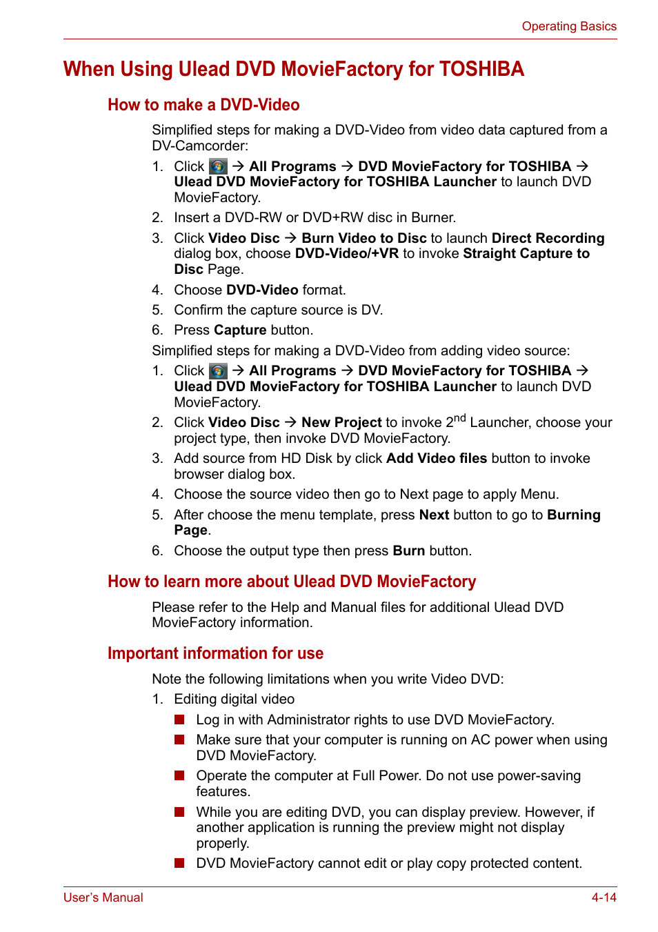 When using ulead dvd moviefactory for toshiba, When using ulead dvd moviefactory for toshiba -14, How to make a dvd-video | How to learn more about ulead dvd moviefactory, Important information for use | Toshiba Satellite L30 (PSL33) User Manual | Page 70 / 162