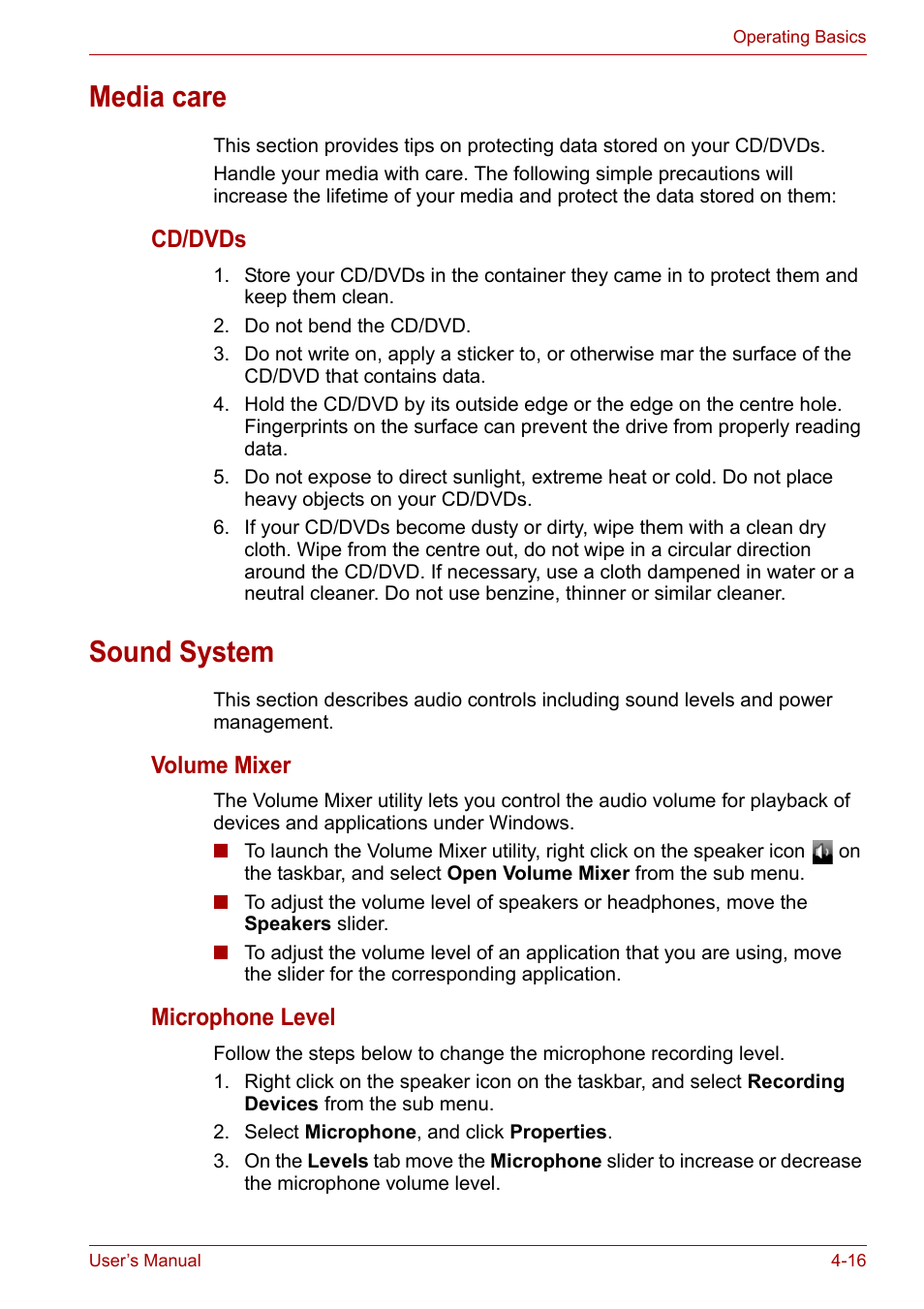 Media care, Sound system, Media care -16 sound system -16 | Toshiba Satellite L30 (PSL33) User Manual | Page 72 / 162