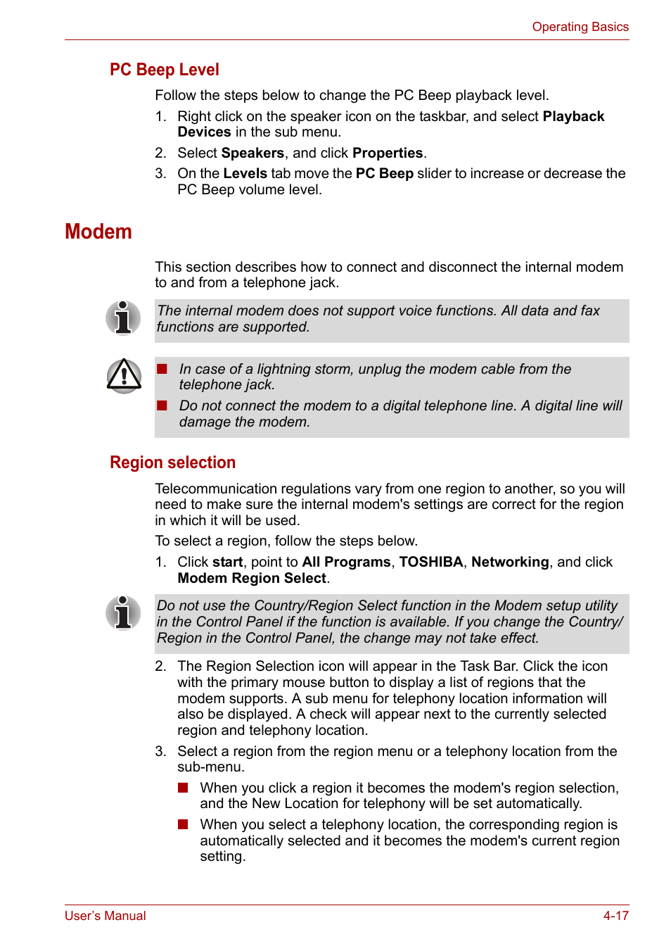 Modem, Modem -17, Pc beep level | Region selection | Toshiba Satellite L30 (PSL33) User Manual | Page 73 / 162