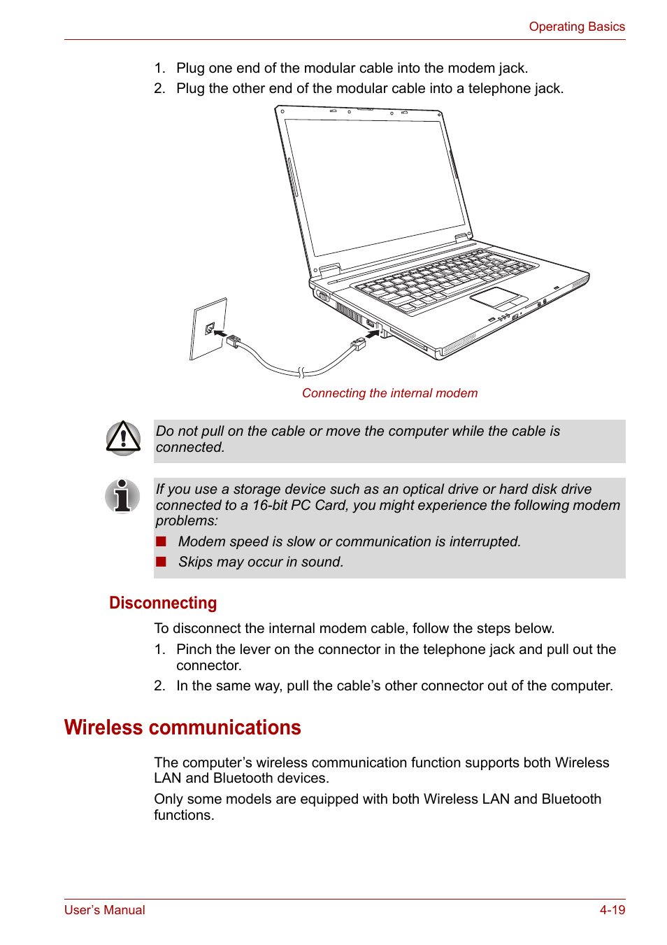 Wireless communications, Wireless communications -19, Disconnecting | Toshiba Satellite L30 (PSL33) User Manual | Page 75 / 162