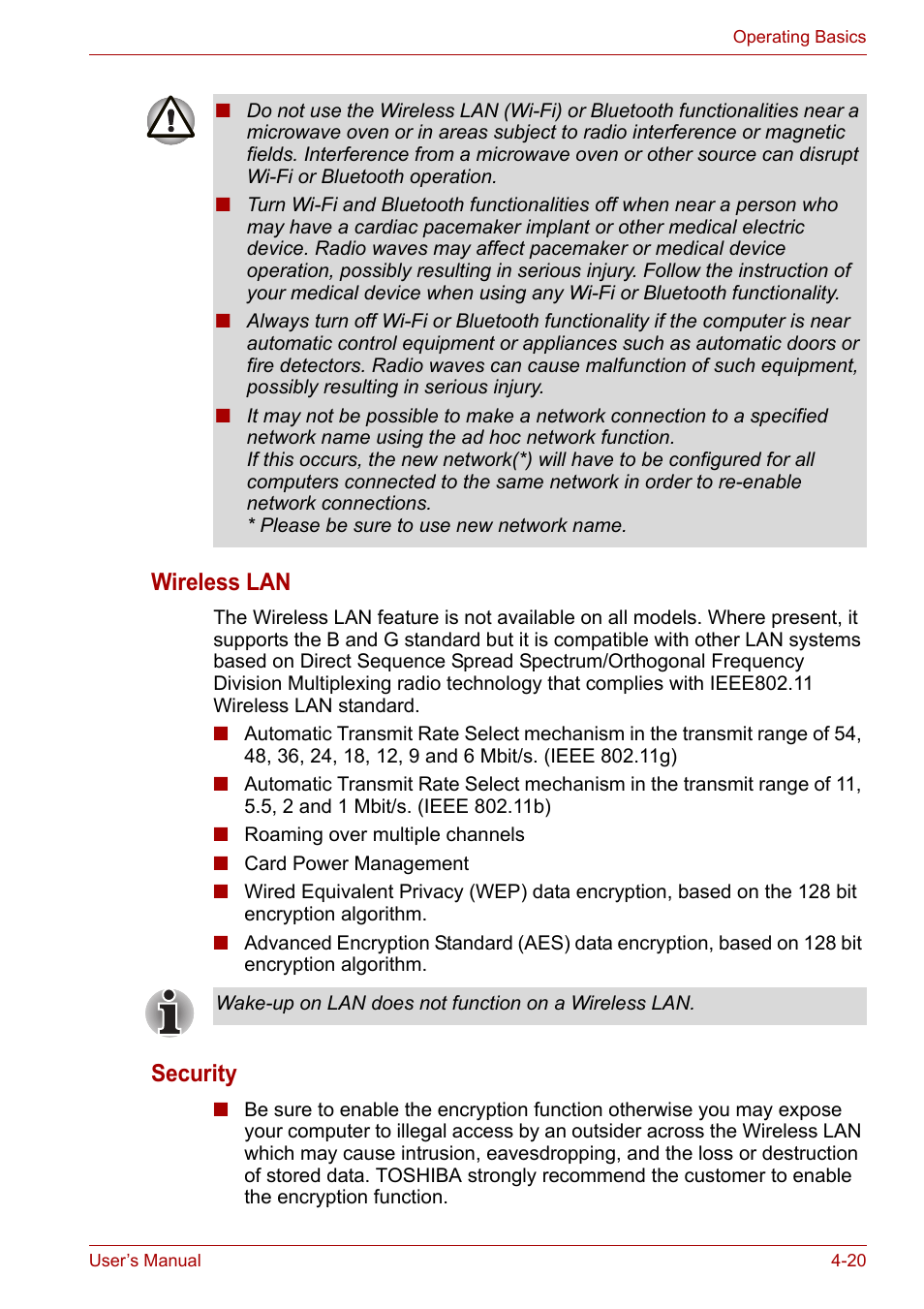 Wireless lan, Security | Toshiba Satellite L30 (PSL33) User Manual | Page 76 / 162