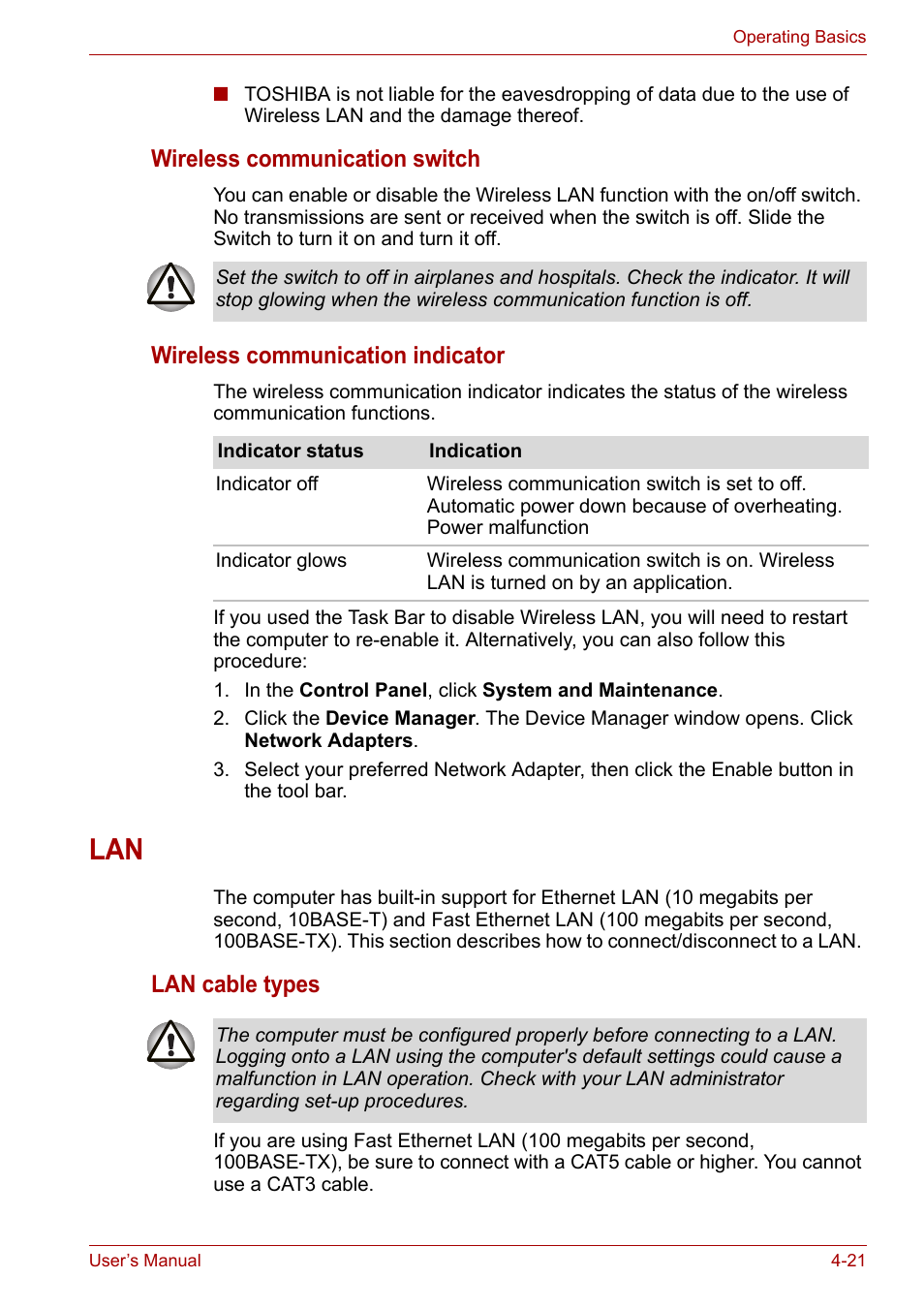 Lan -21, Wireless communication switch, Wireless communication indicator | Lan cable types | Toshiba Satellite L30 (PSL33) User Manual | Page 77 / 162