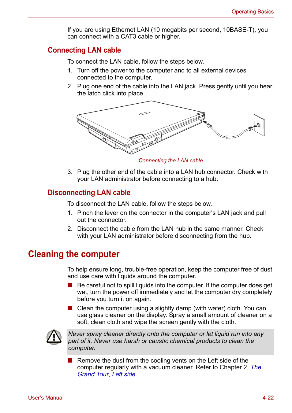 Cleaning the computer, Cleaning the computer -22, Connecting lan cable | Disconnecting lan cable | Toshiba Satellite L30 (PSL33) User Manual | Page 78 / 162