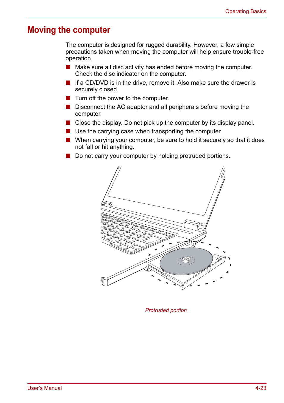 Moving the computer, Moving the computer -23 | Toshiba Satellite L30 (PSL33) User Manual | Page 79 / 162