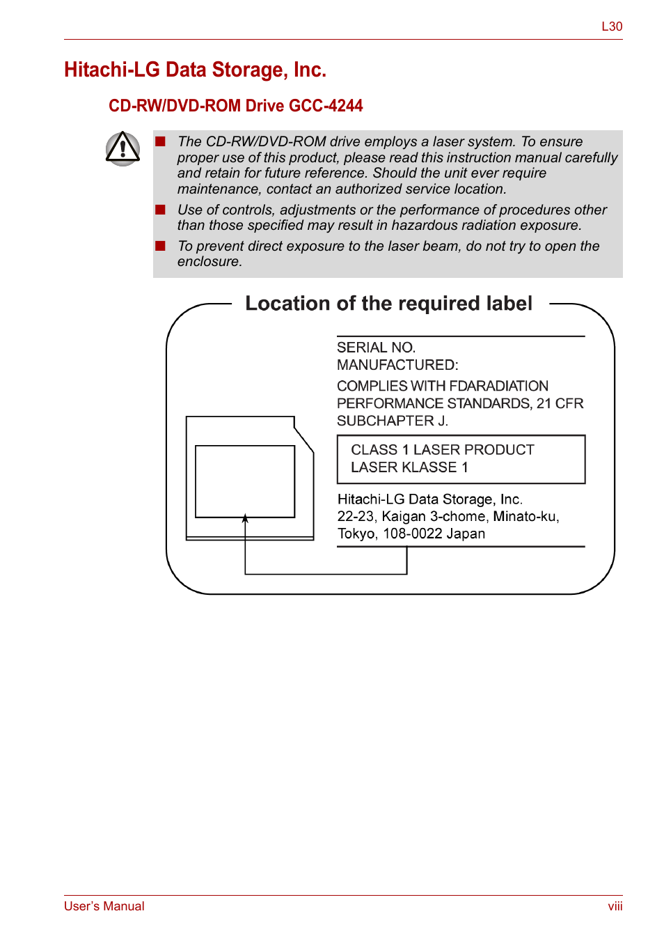 Hitachi-lg data storage, inc, Cd-rw/dvd-rom drive gcc-4244 | Toshiba Satellite L30 (PSL33) User Manual | Page 8 / 162