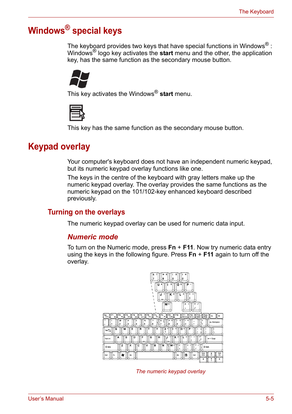 Windows® special keys, Keypad overlay, Windows® special keys -5 keypad overlay -5 | Section, Windows, Special keys | Toshiba Satellite L30 (PSL33) User Manual | Page 84 / 162