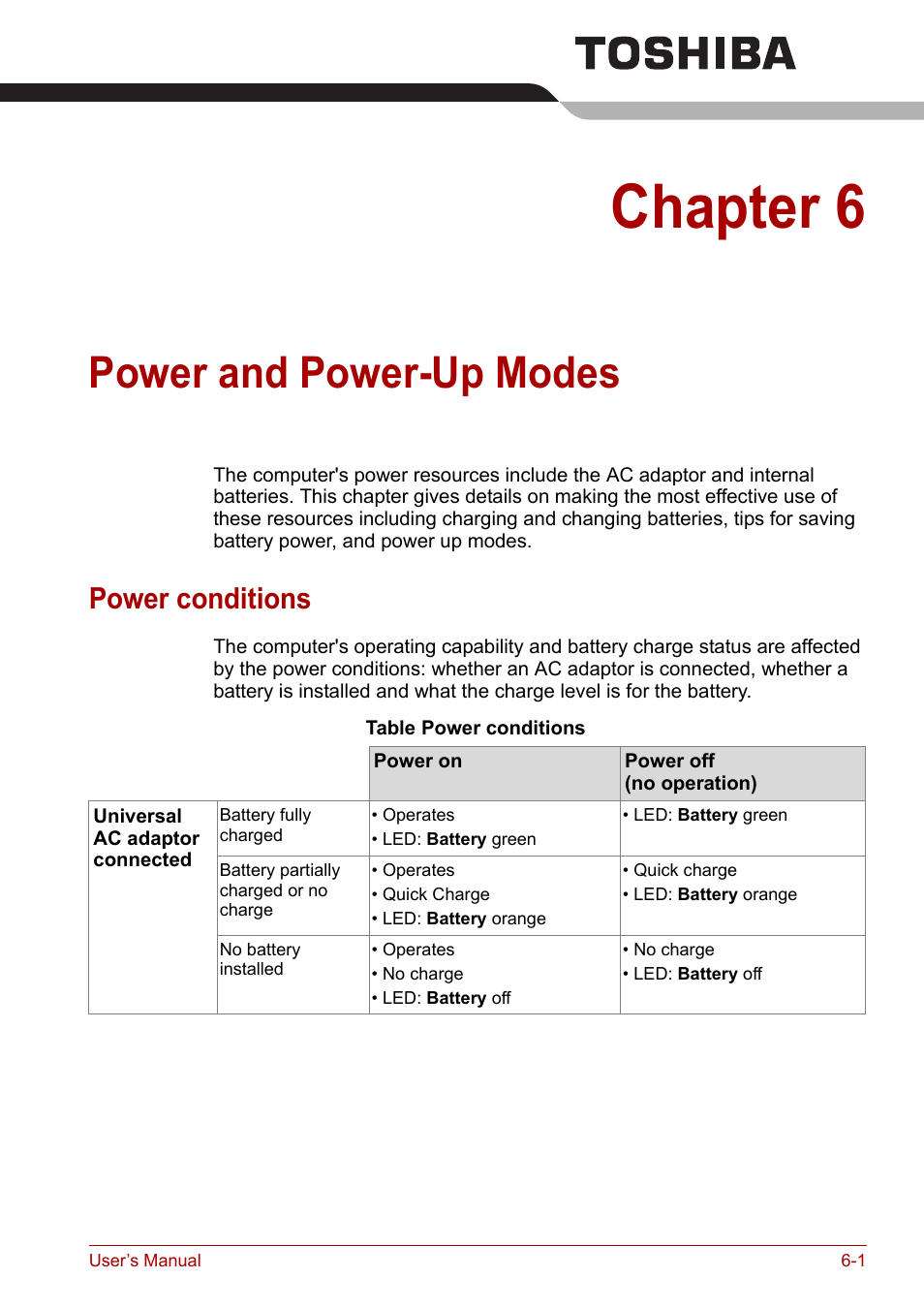 Chapter 6: power and power-up modes, Power conditions, Chapter 6 | Power and power-up modes, Power conditions -1, Power and, Power-up modes | Toshiba Satellite L30 (PSL33) User Manual | Page 86 / 162