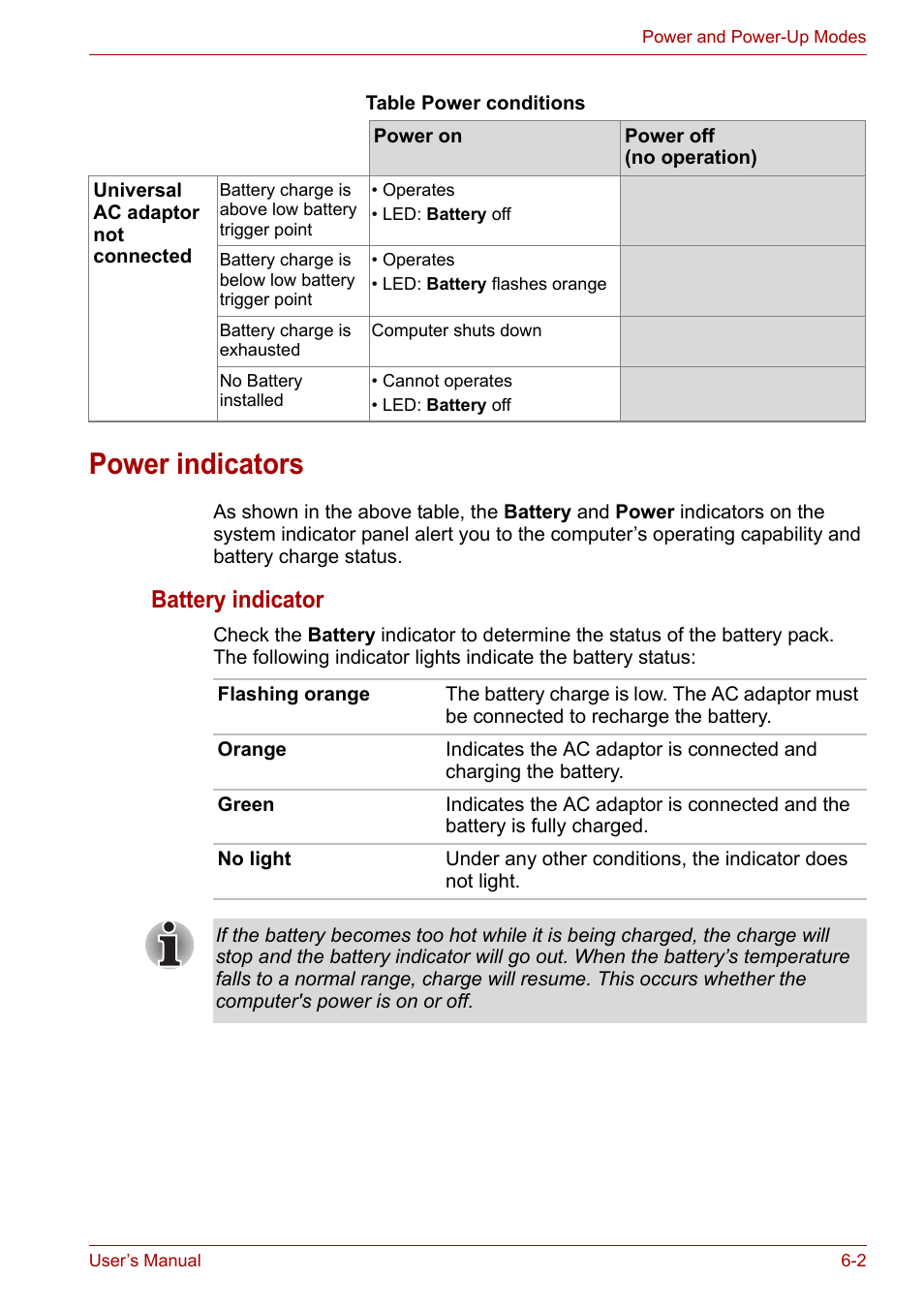 Power indicators, Power indicators -2, Battery indicator | Toshiba Satellite L30 (PSL33) User Manual | Page 87 / 162