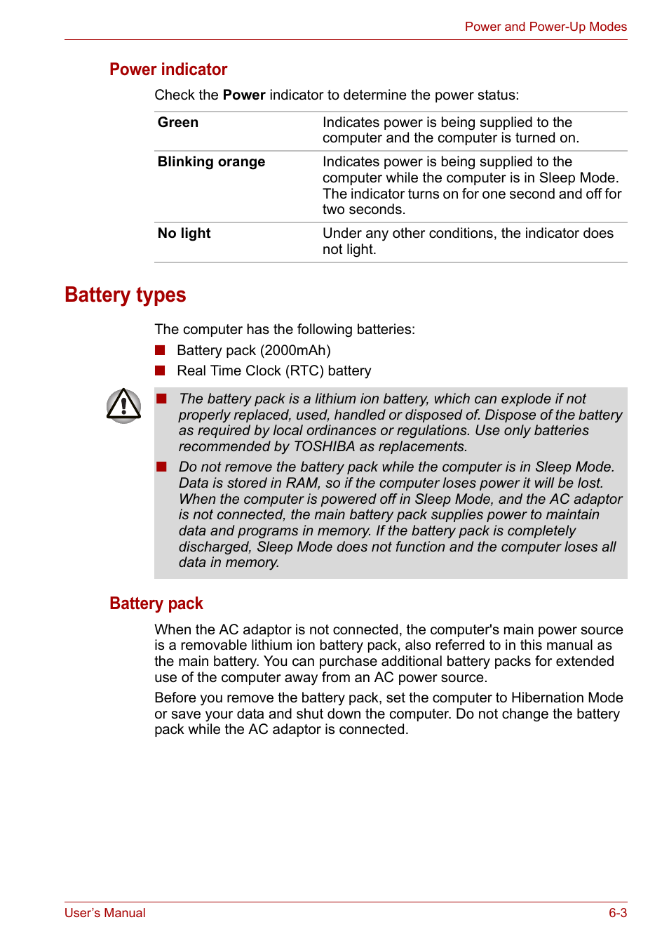 Battery types, Battery types -3, Power indicator | Battery pack | Toshiba Satellite L30 (PSL33) User Manual | Page 88 / 162