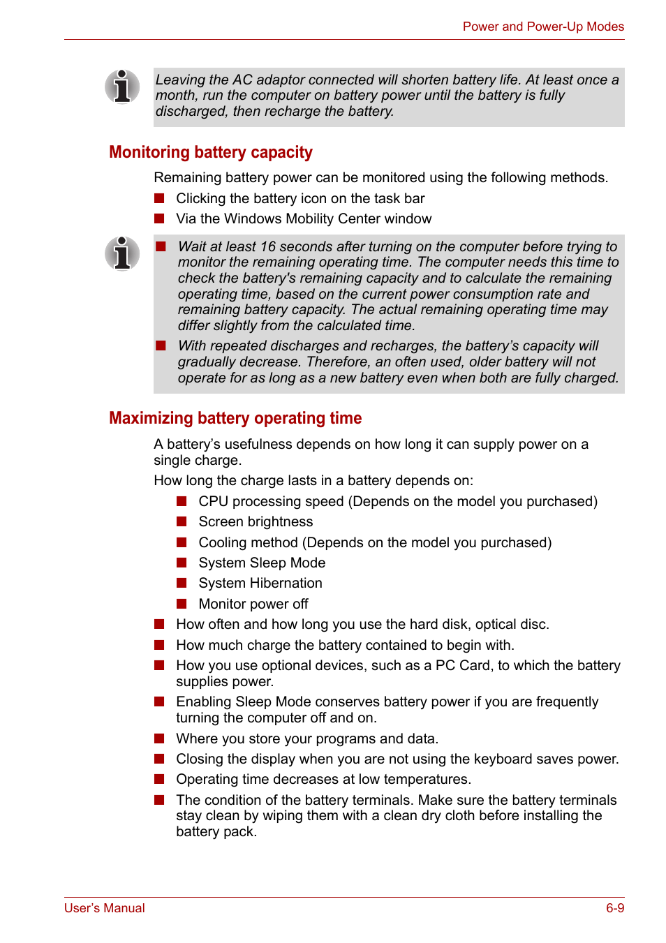 Monitoring battery capacity, Maximizing battery operating time | Toshiba Satellite L30 (PSL33) User Manual | Page 94 / 162