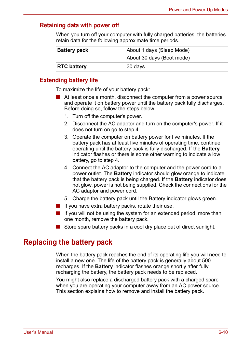 Replacing the battery pack, Replacing the battery pack -10, Extending battery life | In th, Retaining data with power off | Toshiba Satellite L30 (PSL33) User Manual | Page 95 / 162