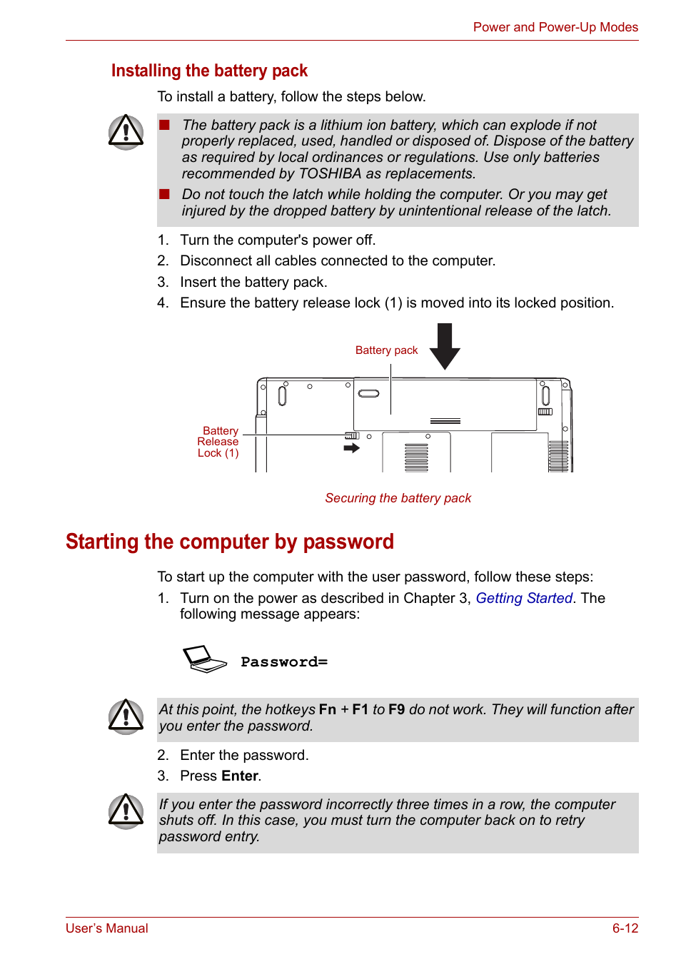 Starting the computer by password, Starting the computer by password -12, Installing the battery pack | Toshiba Satellite L30 (PSL33) User Manual | Page 97 / 162