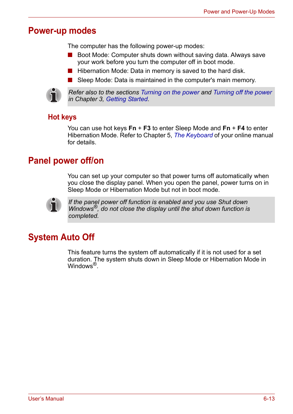 Power-up modes, Panel power off/on, System auto off | Hot keys | Toshiba Satellite L30 (PSL33) User Manual | Page 98 / 162