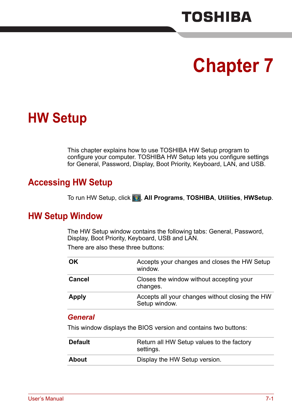 Chapter 7: hw setup, Accessing hw setup, Hw setup window | Chapter 7, Hw setup, Accessing hw setup -1 hw setup window -1 | Toshiba Satellite L30 (PSL33) User Manual | Page 99 / 162