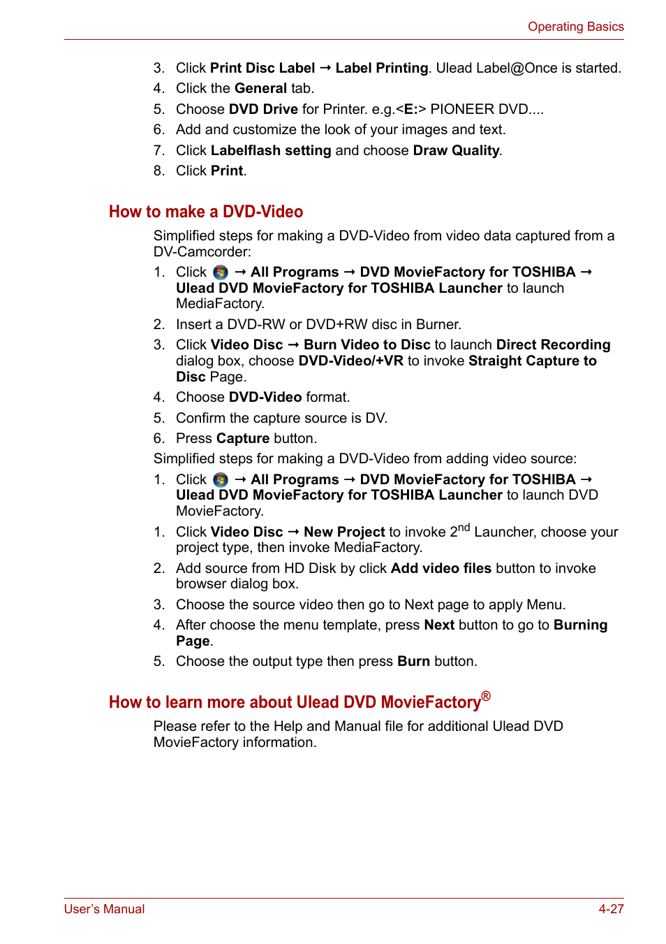 How to make a dvd-video, How to learn more about ulead dvd moviefactory | Toshiba Equium P300 User Manual | Page 100 / 199