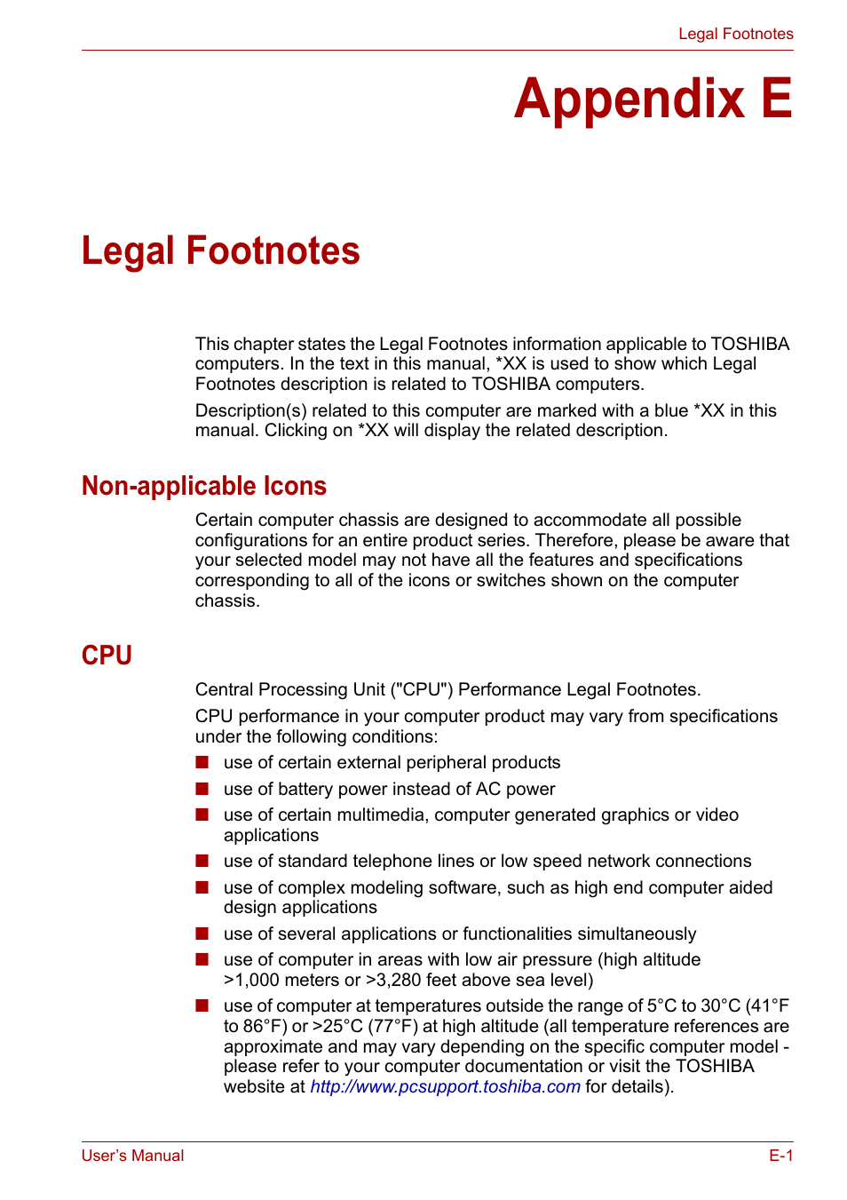 Appendix e: legal footnotes, Appendix e, Non-applicable icons | Toshiba Equium P300 User Manual | Page 175 / 199