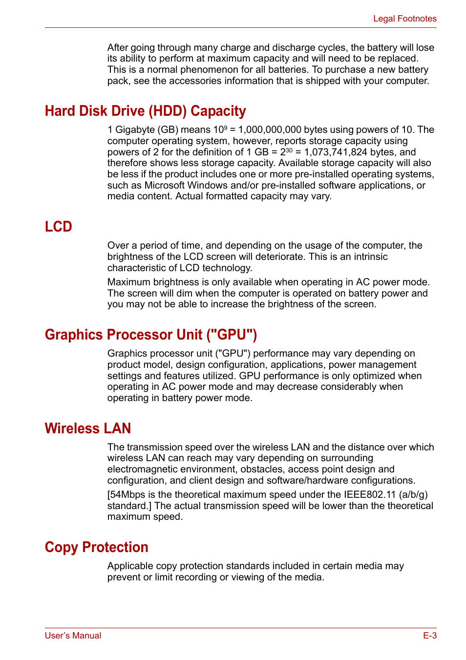 Hard disk drive (hdd) capacity, Graphics processor unit ("gpu"), Wireless lan | Copy protection | Toshiba Equium P300 User Manual | Page 177 / 199