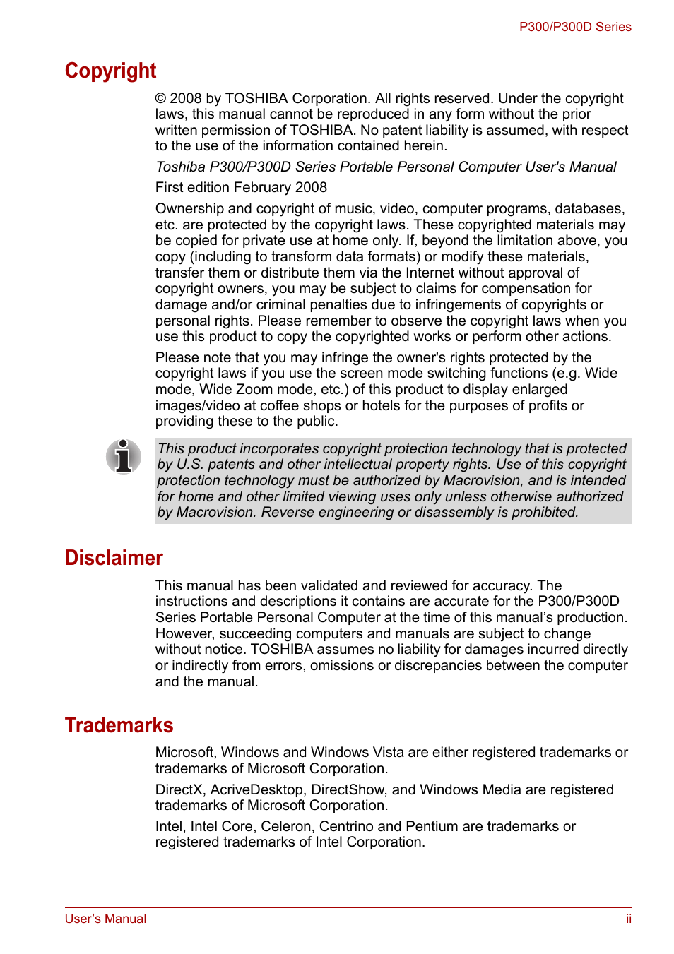 Copyright, Disclaimer, Trademarks | Toshiba Equium P300 User Manual | Page 2 / 199