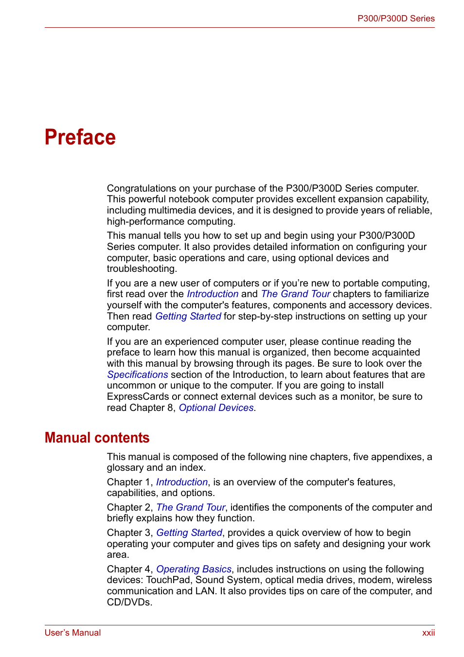 Preface, Manual contents | Toshiba Equium P300 User Manual | Page 22 / 199