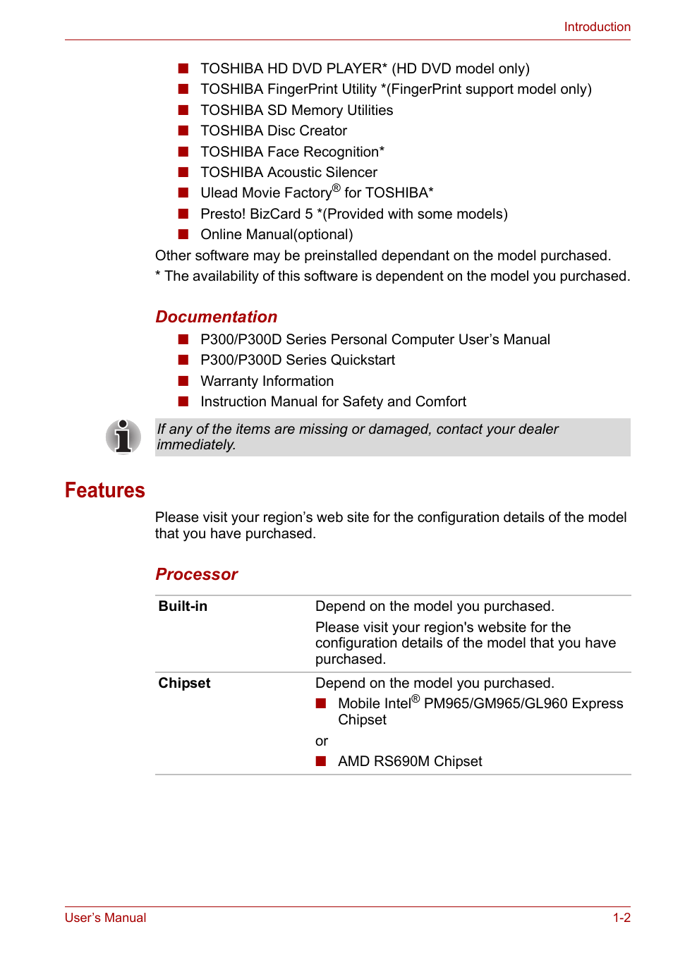 Features, Features -2 | Toshiba Equium P300 User Manual | Page 26 / 199