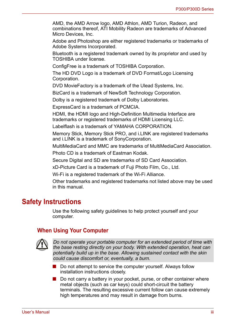 Safety lnstructions, When using your computer | Toshiba Equium P300 User Manual | Page 3 / 199