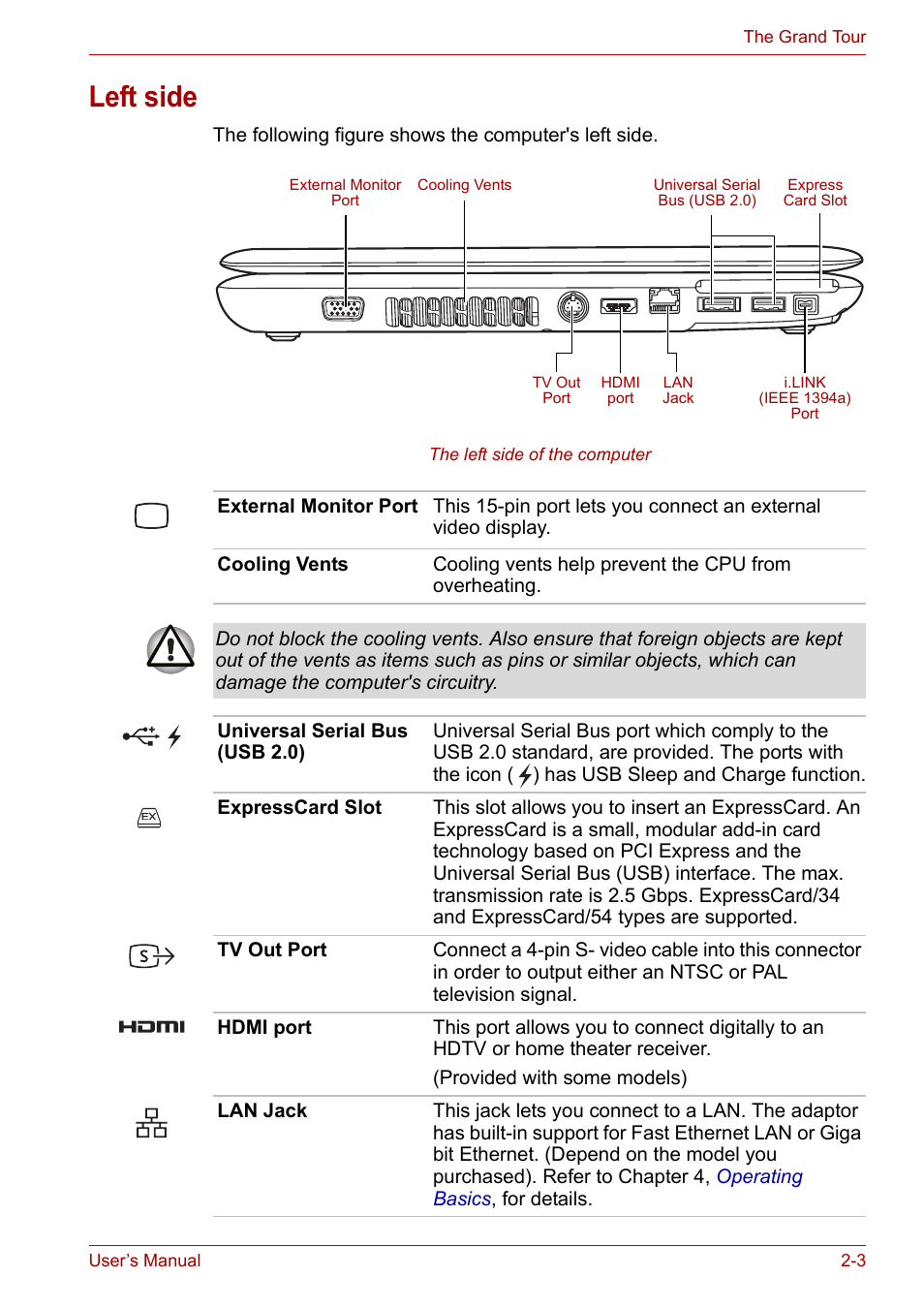 Left side, Left side -3 | Toshiba Equium P300 User Manual | Page 44 / 199