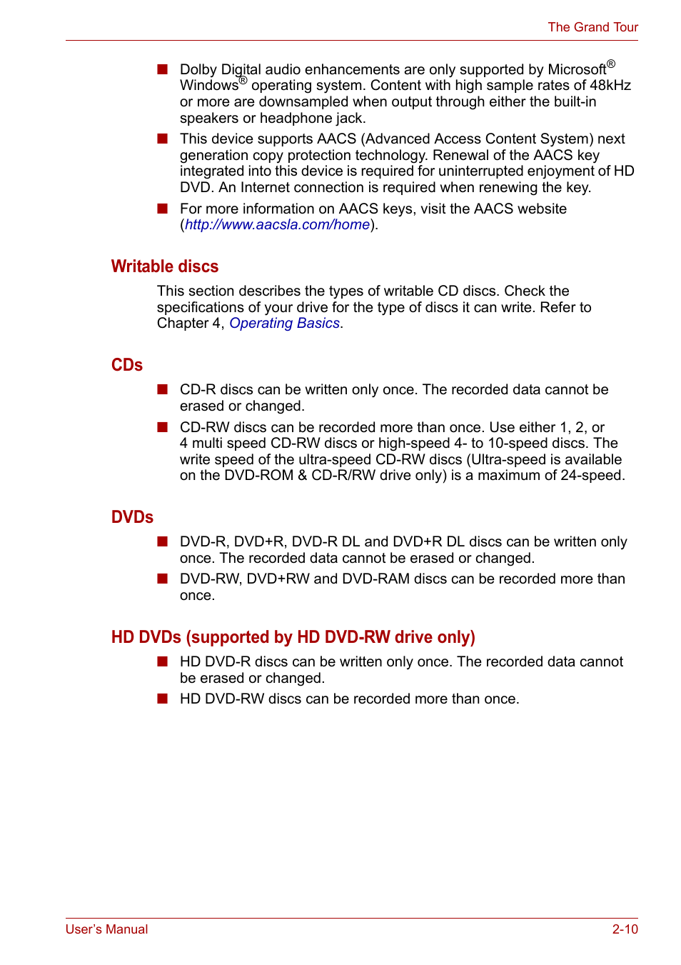 Writable discs, Dvds, Hd dvds (supported by hd dvd-rw drive only) | Toshiba Equium P300 User Manual | Page 51 / 199