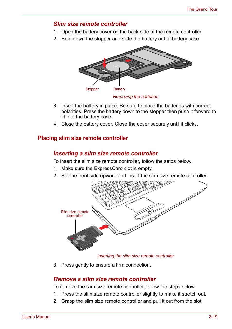 Placing slim size remote controller, Slim size remote controller, Inserting a slim size remote controller | Remove a slim size remote controller | Toshiba Equium P300 User Manual | Page 60 / 199