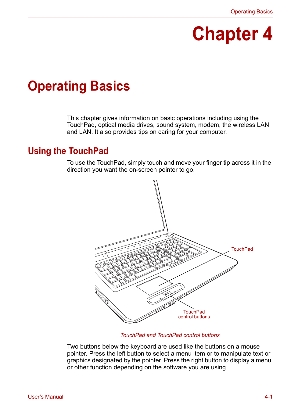 Chapter 4: operating basics, Using the touchpad, Chapter 4 | Operating basics, Using the touchpad -1, Incl | Toshiba Equium P300 User Manual | Page 74 / 199